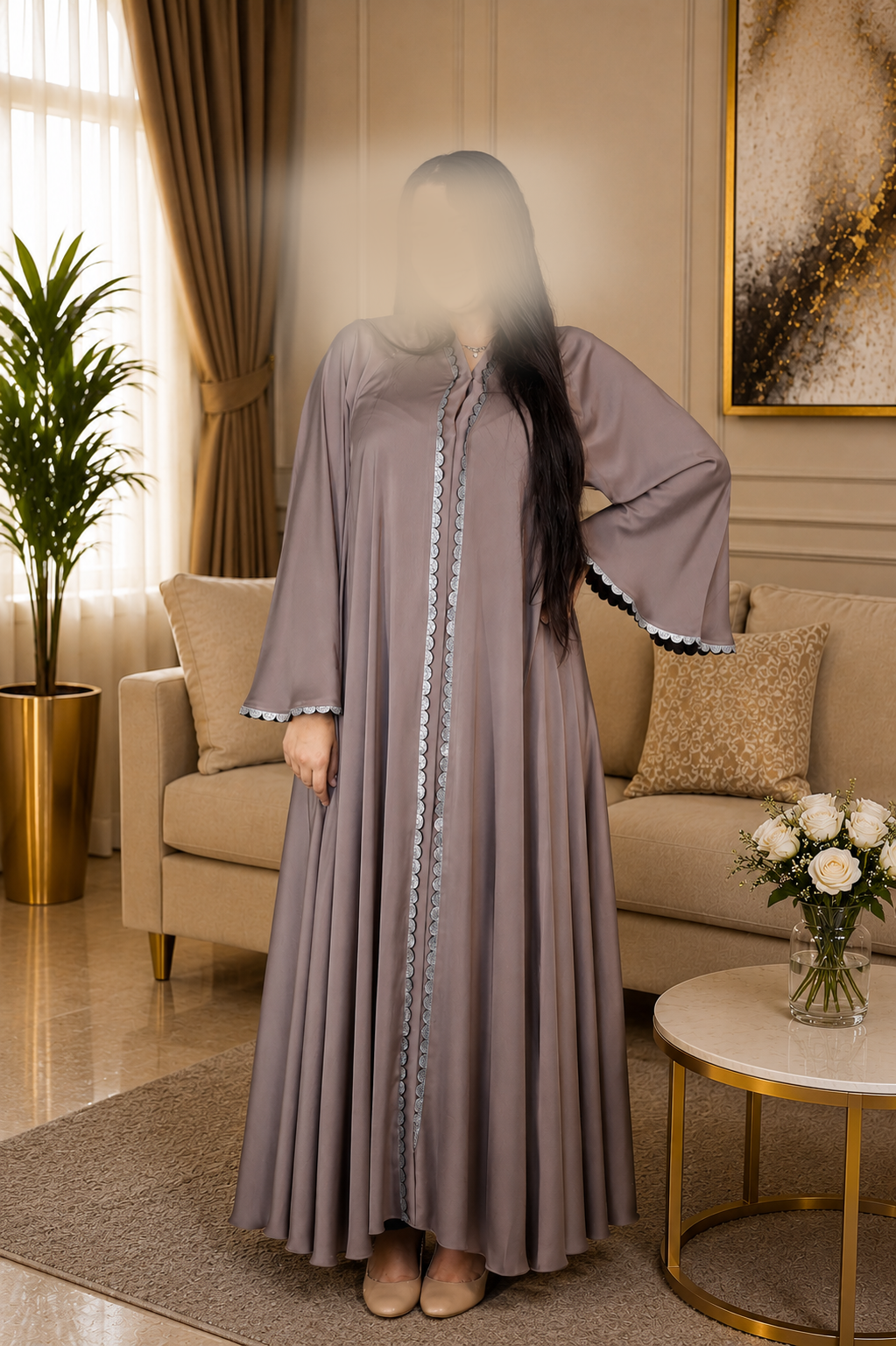 عباية رمادي موكا خليجية بتطريز فضي وأكمام واسعة فاخرة - Image 2